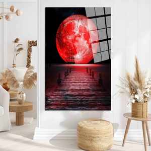 Red Moon Sea Landscape <b>Canvas</b> Print: Night Scene <b>Wall</b> Art,TEMPERED GLASS ART - Product Image 3