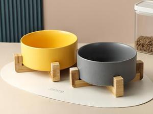 高級ペットフィーダー高架上げキャットフードペットアクセサリー高滑り止め竹スタンド断熱ダブルセラミックドッグボウル - Product Image 5