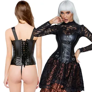 Womens Sexy PU Steampunk corsetto gotico cintura fibbia in ecopelle corsetti con cerniera Lace up g-string Plus Size nero
