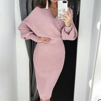 Robe Midi Moulante en Maille pour Femme, Élégante et Sexy, Personnalisée, à Col en V Profond, Manches Chauve-Souris et Taille Haute Cintrée