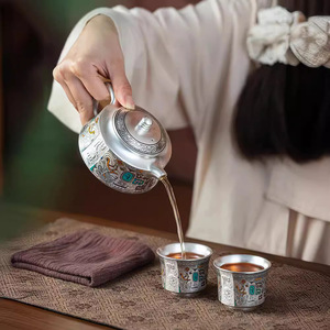 Silver Mr. 999 Silver Kung Fu <b>Tea</b> <b>Set</b> With Lid Oval Shape Business Gifts Office Use - Product Image 2