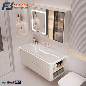 Mueble de Baño Moderno de Madera Suspendido en la Pared, Color <span class=keywords><strong>Blanco</strong></span> Crema, de 70-120 cm, con Lavabo de Cerámica Integrado y Espejo con Gabinete LED Inteligente - Product Image 1