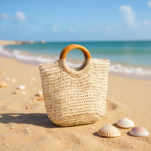 Sac en paille tressé avec poignée en bois, 40x34 cm, sac à bandoulière pour femme, sac de plage d'été - Product Image 2