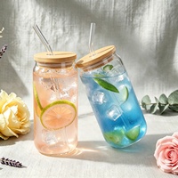 Gobelet en verre borosilicate à double paroi de 16 oz, fait main, avec couvercle en bambou et paille, gobelet à bière en verre dépoli de 16 oz pour sublimation