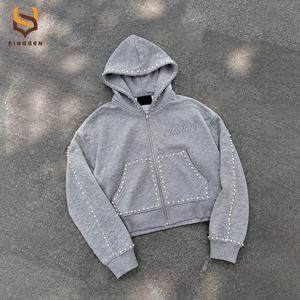 Sweat-shirts à capuche zippés pour hommes, style streetwear Y2K, en molleton épais noir, coupe oversize, avec poche brodée de perles, OEM ODM. - Product Image 3