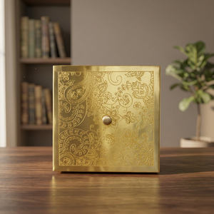 Premium Square Brass Spice Box with 9 Round Containers Etched Mandala Art Lid Luxury Indian Masala Dani Kitchen Organizer Set - Product Image 3