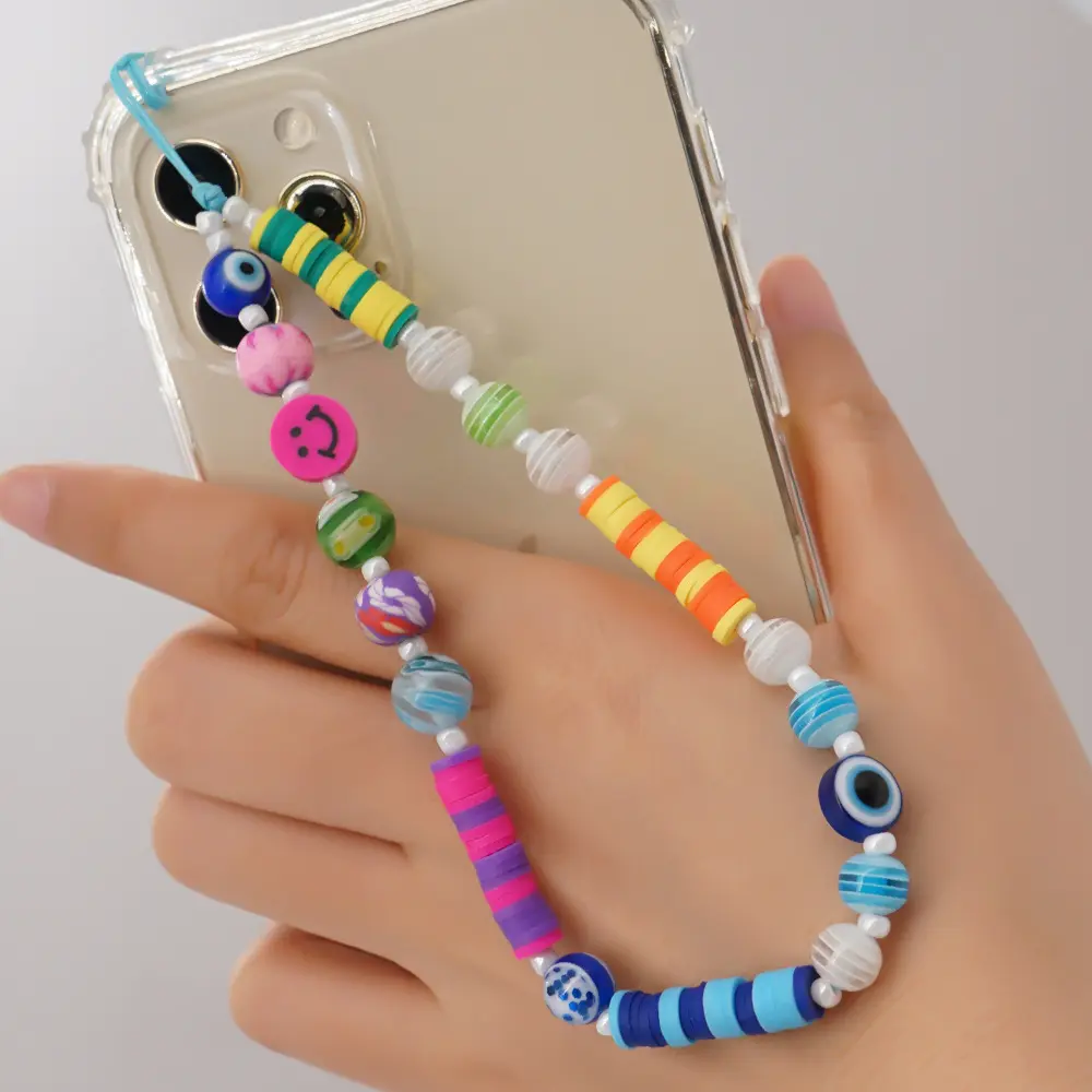 Lanière de téléphone perlée, bracelet de téléphone perlé, visage, charme de téléphone perlé, étoile de Fruit, perle de couleur arc-en-ciel, chaîne de téléphone perlée pour femmes et filles