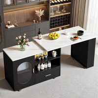 Îlot de cuisine extensible avec table rabattable, plateau blanc, armoire à porte vitrée, tiroir de rangement, roulettes