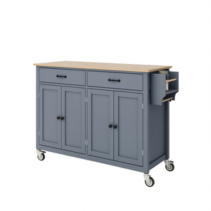 Carrello da Cucina con Isola, Piano in Legno Massello da 54,3 Pollici, 4 Ante, 2 Cassetti, Ruote Bloccabili, Colore Grigio-Blu - Product Image 1