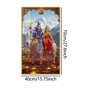 Décoration murale encadrée en porcelaine cristalline 70x40cm - Art religieux : Shiva et <span class=keywords><strong>Parvati</strong></span> nus sur le taureau Nandi - Product Image 1