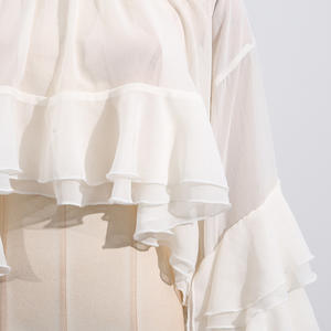 Chemise élégante pour femmes, en maille, à volants, à manches longues, asymétrique, tendance - Product Image 5