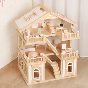 Wooden Solid Doll House Dollhouses Presend Play Toys Wooden Educational Toys Pretend Play Wood Toys For Girls Boys