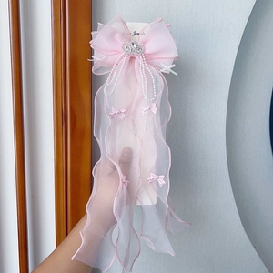 Jepit Rambut Yoly Cute Large 15.5 cm dengan Ikat Pita Renda, Jepit Rambut Pita Panjang Berbahan Jala, Aksesoris Rambut Fashion Motif Kepingan Salju untuk Wanita - Product Image 3