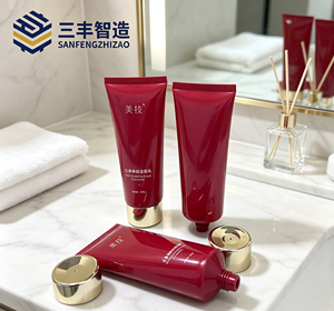 Red Cosmetic Squeeze Tube with Electroplated Gold Cap <b>for</b> Facial Cleanser - Product Image 2