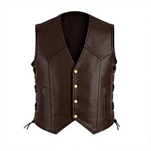 Gilet sans manches en PU marron pour homme avec boutons dorés et lacets latéraux, coupe-vent 440g, toutes saisons, vêtements de moto - Product Image 1