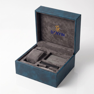 Blue PU Leather <b>Watch</b> Box Custom Logo Single <b>Watch</b> Packaging <b>Case</b> with Card Tool Compartment Luxury Gift Box - Product Image 1