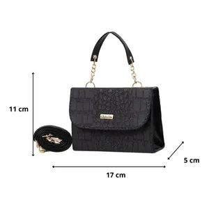 Borsa a Tracolla Fadila Nera con Motivo Coccodrillo 17x11x5 Cm, Chiusura a Cerniera, Vera Pelle, Fodera in Poliestere, Uso Quotidiano - Product Image 1