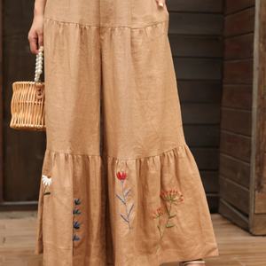 Conjunto de Lino Casual para Mujer, Top Corto sin Mangas y Pantalón de Pierna Ancha, Bordado, Algodón y Lino, Nuevo, OEM, Gran Venta - Product Image 4