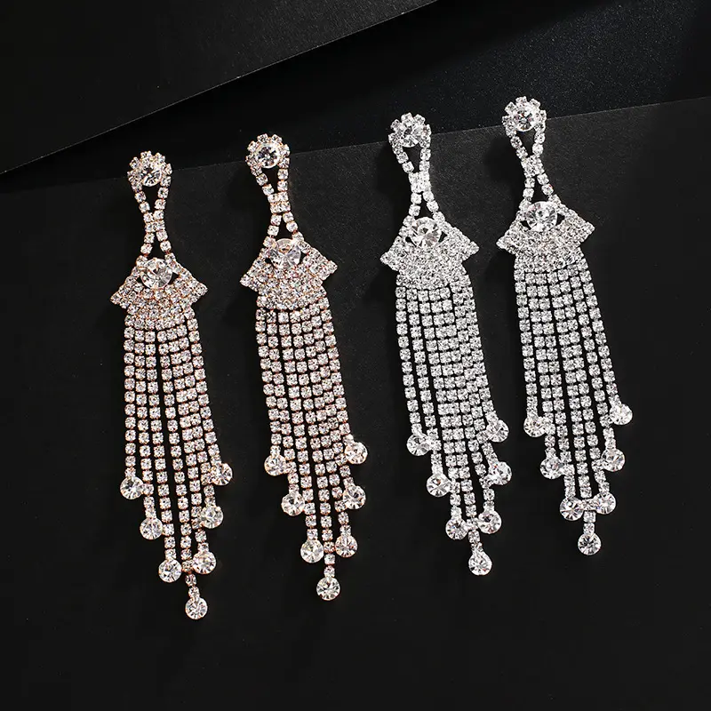 Yingtong Long Crystal Tassel Hoop Dangle Earrings Luxury Bridal Wedding Earrings Jewelry 2023