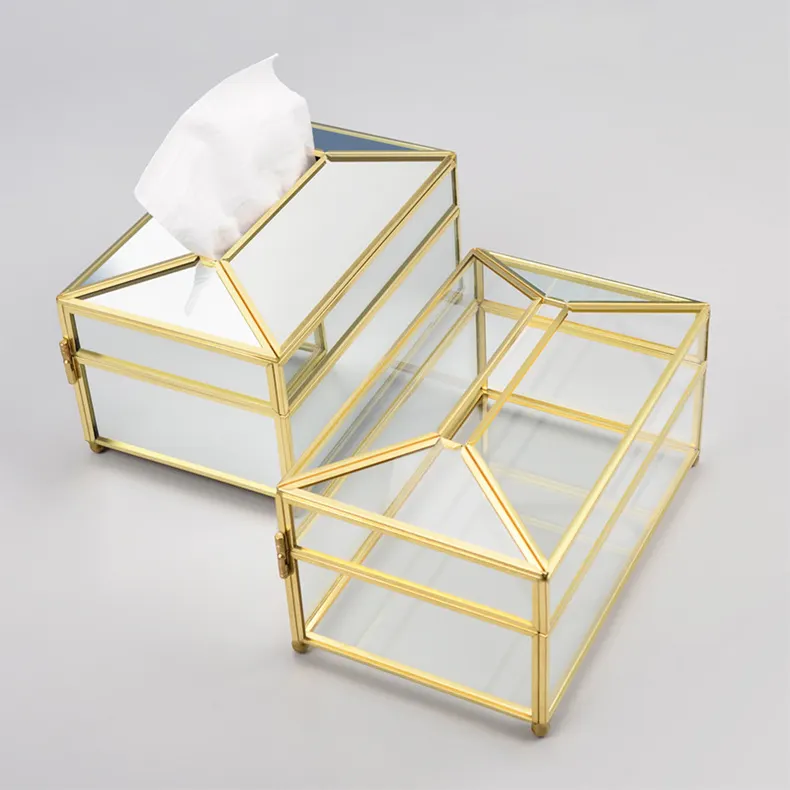 Lençol de vidro decorativo para casa, caixa com recipiente para decoração facial, de metal, espelhado, de ouro e vidro, caixa nórdica