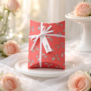 Scatola di Carta a Forma di Cuscino con Motivo a Foglie, Scatola Regalo per Caramelle Merci con Etichetta, Scatola Personalizzata per Bomboniere Matrimonio, Confezione per Cioccolatini da Pasticceria - Product Image 2