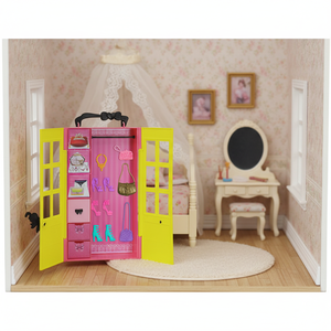 Pink <b>Mini</b> Wardrobe with Accessories for Dolls Girls Toy <b>Storage</b> Cabinet Playset - Product Image 1