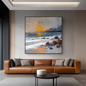Peinture à l'huile abstraite impressionniste de paysage marin, peinte à la main, encadrée dans un cadre métallique, effet visuel 3D, art mural pour salon - Product Image 1