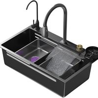 Évier de cuisine moderne en acier inoxydable à cuve unique, à encastrer sous plan, noir, avec fonction cascade intelligente, design multifonctionnel à un trou