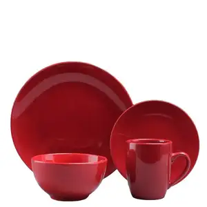 16件定制中国红釉陶瓷餐具套装简约设计可持续餐具OEM库存