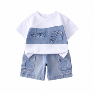 <span class=keywords><strong>Tenue</strong></span> de sport d'été pour garçons de 0 à 6 ans, vêtements d'été élégants et tendance pour bébés, ensemble deux pièces à manches courtes en patchwork denim - Product Image 4