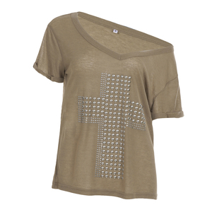 Camiseta de Manga Corta con Hombro Descubierto y Pedrería Cruzada, Estilo Y2K, Sexy, para Mujer, Venta al Por Mayor, 2026 - Product Image 6