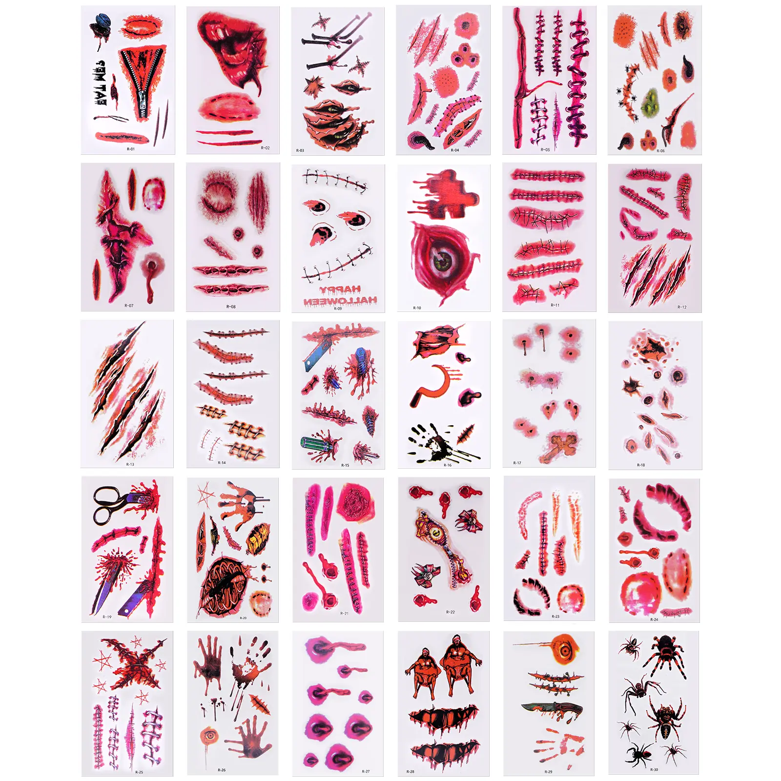 30pcs Makeup Realistic Fake Bloody Wund stich Tattoo Aufkleber Halloween Wasserdichte temporäre Narbe Tattoo Aufkleber für Körper Gesicht