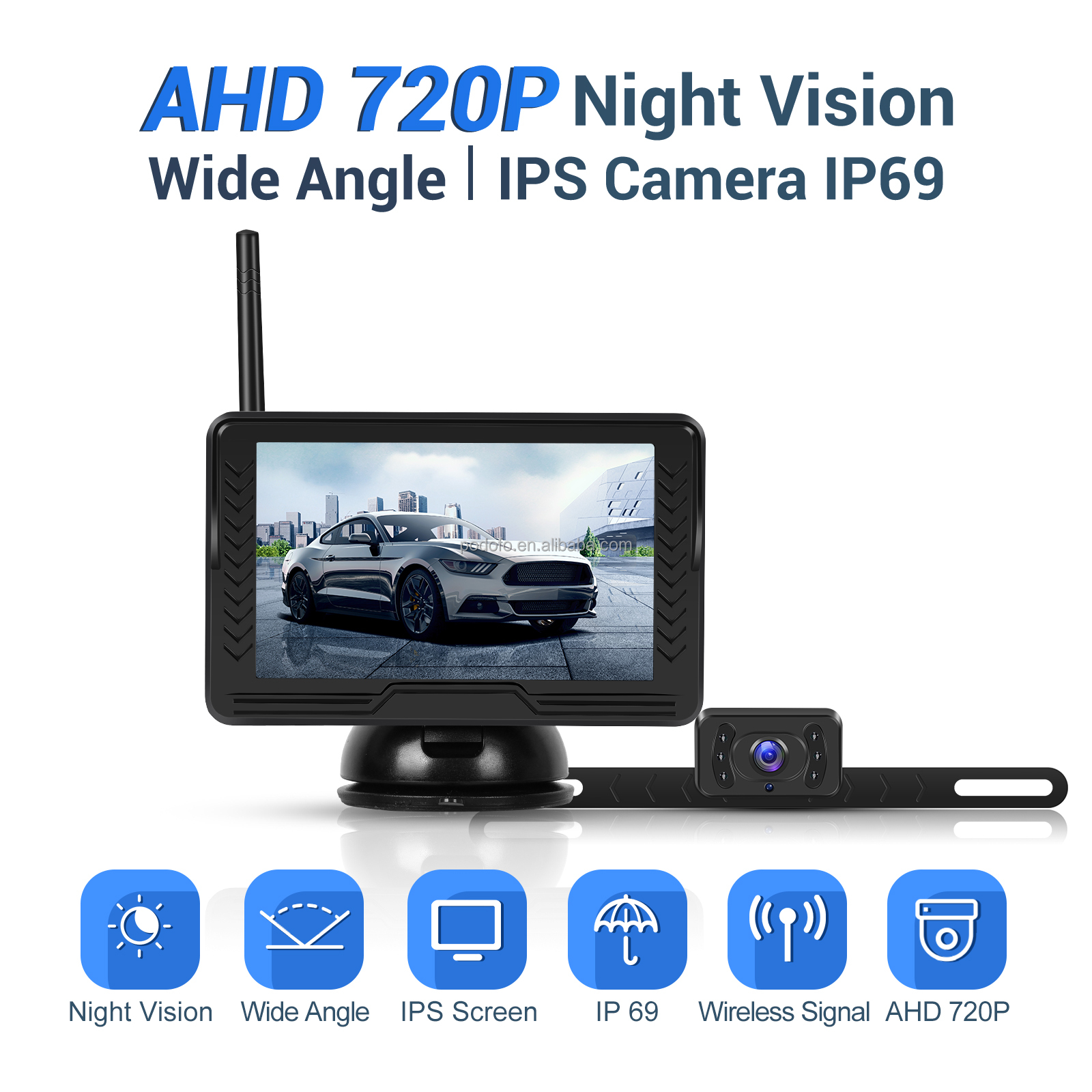 Podofo Digital Rear Camera, Wireless, with 5 Inch Monitor Set, AHD 6 LEDs, Car, Rear View Camera, Wireless, Night Vision, Wide Angle, Suction Cup, Easy Installation, License Plate Camera for Car