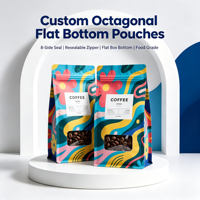 Sachet de café octogonal personnalisé à fond plat avec fenêtre transparente, fermeture éclair refermable, haute barrière, imprimé, qualité alimentaire, sans BPA, écologique