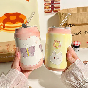 New Product Hand Painted Flower Ceramic Coffee Mug 500ml Can Shaped Ceramic Cups with Lid and Straw - Product Image 6
