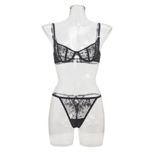 Ensemble soutien-gorge et culotte en maille de nylon transparent de haute qualité bleu royal avec jarretelles - Product Image 5