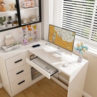 Bureau d'angle en L pour étudiant avec éclairage LED, vitrine en verre et bibliothèque à 3 tiroirs, MOQ 100