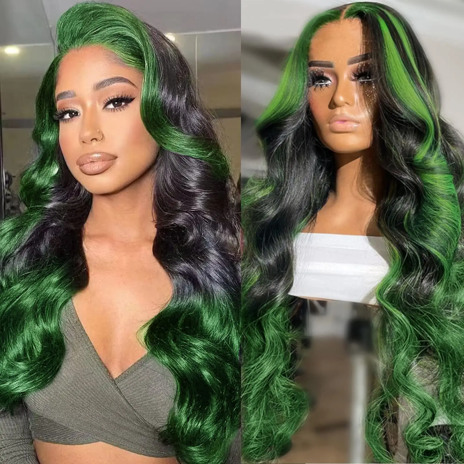 Gratis Verzending Onbewerkte Maagdelijke Remy Hair Pruiken Transparant Lace Frontale Pruik Op Maat Gemaakt Gekleurd Highlight Groen En Zwart Kleur