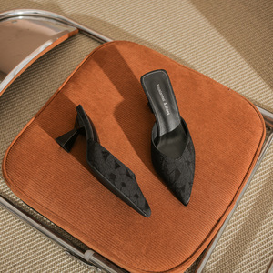 Korean Style <b>Pointed</b> <b>Toe</b> <b>Mules</b> PU Leather Summer Heeled Slides Women's Shoes 6777-2 Height Increasing - Product Image 2