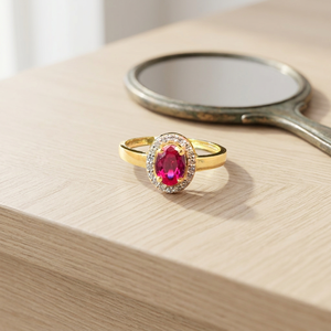 Elegant 24K Gold <b>Ring</b> Oval Red Stone Sparkling Halo Design Luxury Jewelry Piece for Women Daily Wear Wedding Special Occasion - Product Image 3