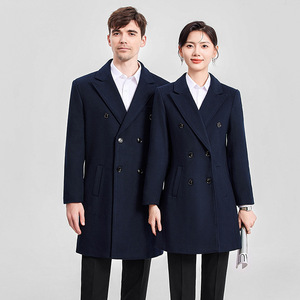 Navy Blue Wool Coat Unisex Thickened Winter Workwear Trench Coat Solid Color Polyester Fiber Adult Size - Product Image 1