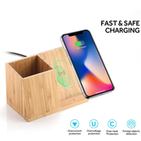 Chargeur sans fil rapide 15W en bambou naturel écologique avec support pour stylo, support de téléphone, organisateur de bureau, logo personnalisé pour cadeau