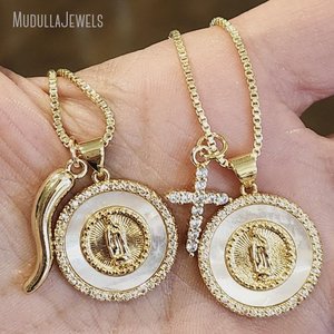 NM54141 religioso cattolico placcato <span class=keywords><strong>oro</strong></span> italiano fortuna <span class=keywords><strong>Cornicello</strong></span> corno vergine maria ciondolo cubico Zirconia scatola croce collana a catena - Product Image 1