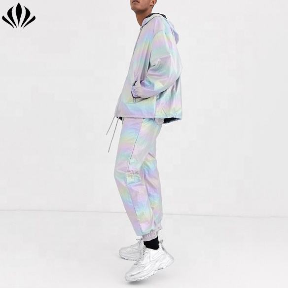 Best Seller Custom Fit Mens Tracksuit Holographic Reflective Under Flash  Light Track Jacket and Pants Silver Color