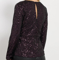 Haut à manches longues en sequins Glam Plum personnalisé pour femmes avec découpe en forme de trou de serrure, chemisier de soirée scintillant pour les soirées et les tenues de club