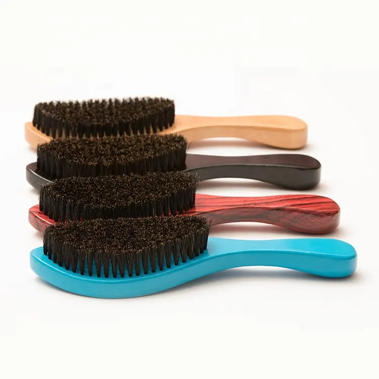 Amazon Hot Selling 100% Boar Bristles Curved Brush wooden handle or bamboo And Glossy 360 Wave men brushes custom logo