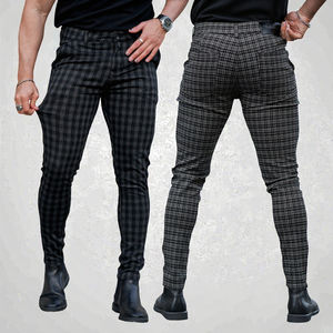 Pantalon Chino Homme Léger à Taille Mi-Haute, Coupe Droite, Boutons Décoratifs, Fermeture Éclair, Motif Écossais, Style Urbain Décontracté et Habillé, Coupe Skinny Slim - Product Image 3