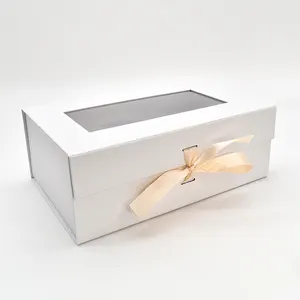 Kotak hadiah layanan OEM berdiri sendiri kotak kaku lipat datar kertas seni buatan tangan daur ulang lapisan matte pita kotak kosmetik