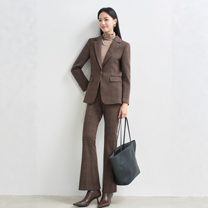 Brown Plaid Suit <b>Set</b> Women Autumn Polyester Worsted Anti-Wrinkle <b>Office</b> Lady Style Full Sleeve - Product Image 1