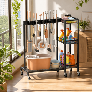 Carrello Organizzatore Mobile per Prodotti di Pulizia Commerciale, in Acciaio Resistente, Porta-Mop e Scopa, Carrello Multiuso per Servizi di Pulizia - Product Image 1